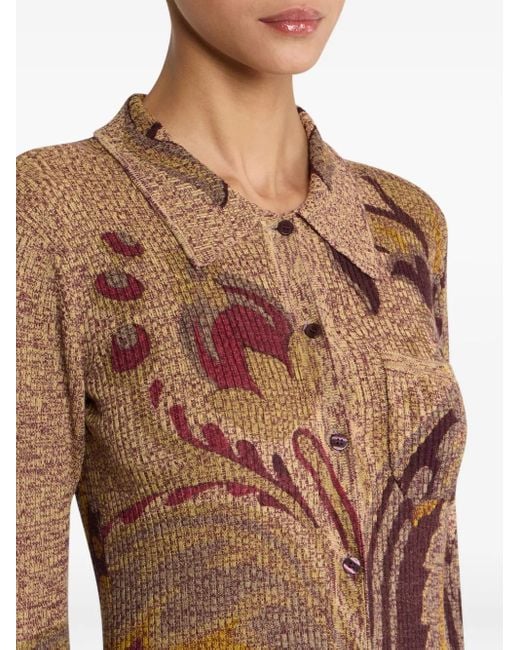 Etro Brown Gerippter Cardigan Mit Blumen-Print