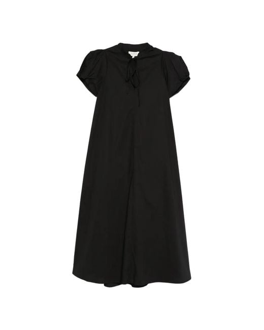 Psophia Black Puff-Sleeve Tie-Neck Midi Dress