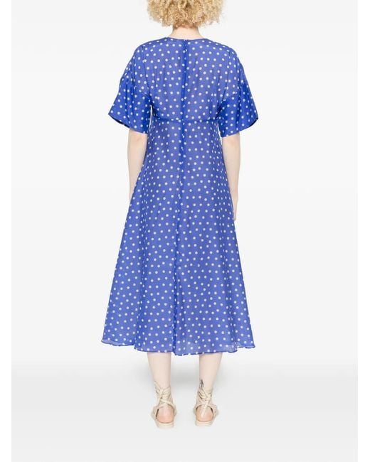 Psophia Blue Polka-Dot V-Neck Midi Dress