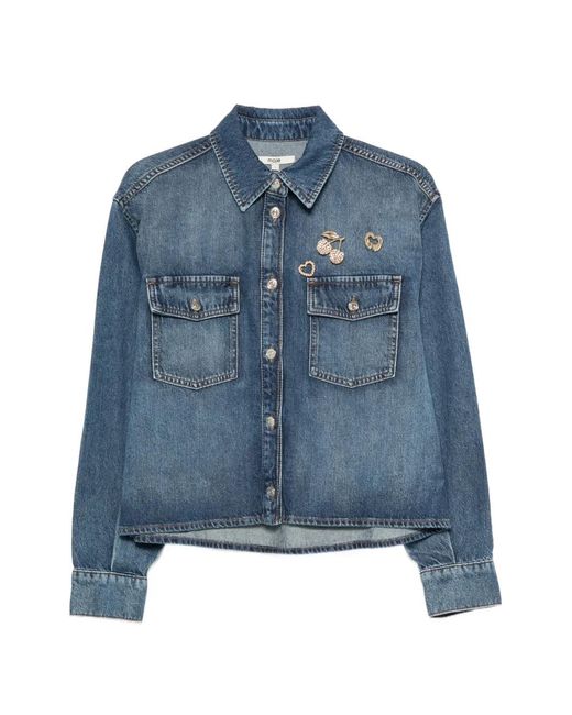 Maje Blue Brooch-Embellished Denim Shirt