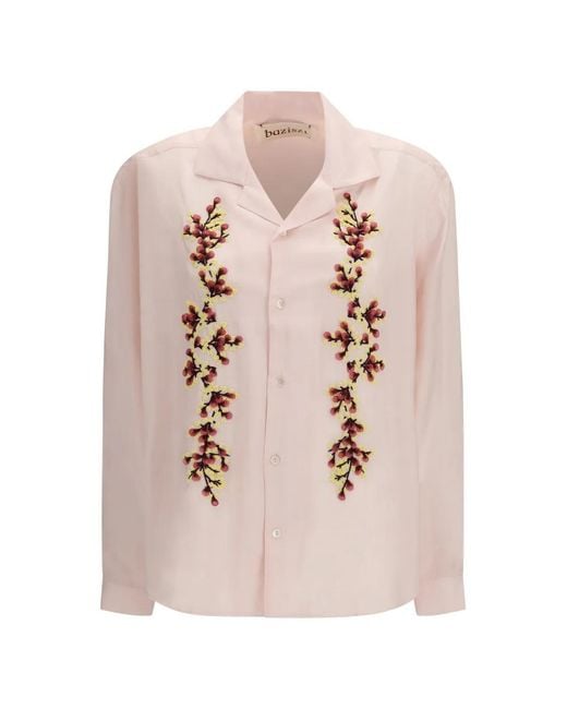 BAZISZT Pink Floral-Embroidered Shirt