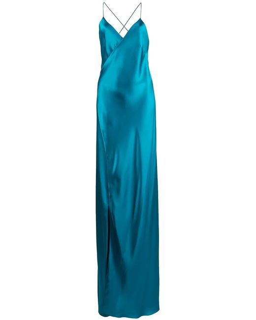 Michelle Mason Blue Cross-Strap Silk Wrap Gown
