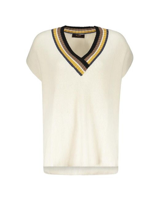 Moorer White Ribbed-Knit V-Neck Top