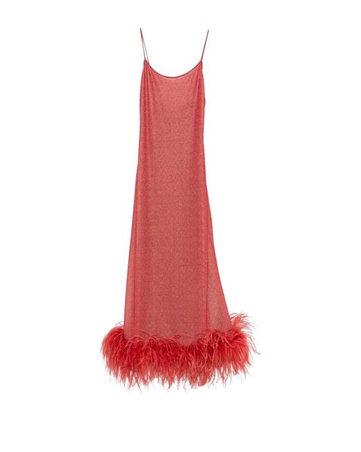 Oseree Red Lumière Plumage Feather-Trim Maxi Dress