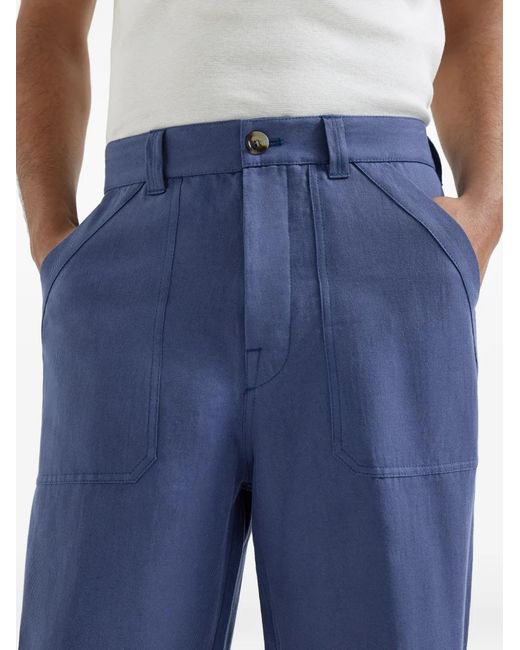 Brunello Cucinelli Blue Linen And Cotton Drill Trousers With Patch Pockets And Drawstring for men