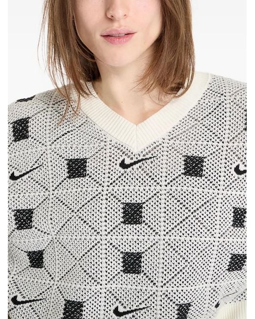 Nike White Geometric-Pattern V-Neck Sweater