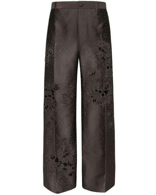 Dolce & Gabbana Gray Rhinestone-Embellished Silk Trousers for men