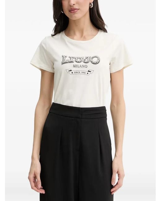 Liu Jo White Crystal-Embellished Logo-Print T-Shirt