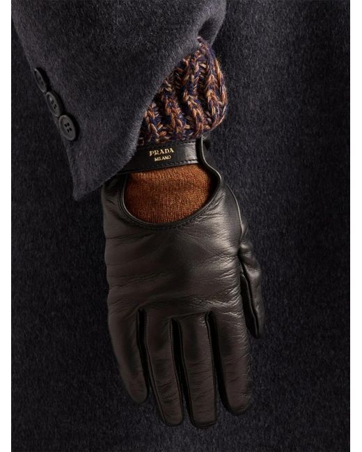 Prada Black Mélange-Knit Leather Gloves
