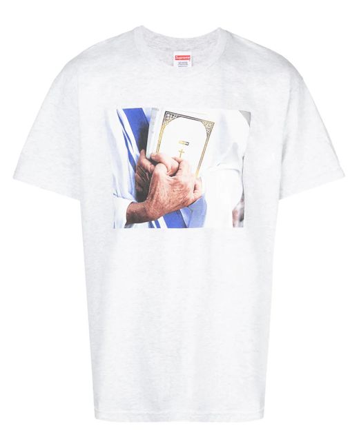 Supreme Gray Bible-Print T-Shirt for men