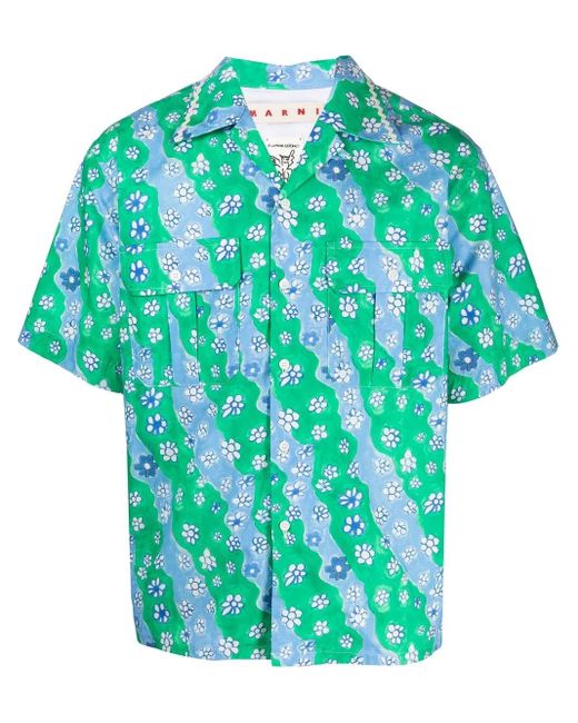 Marni Blue Floral-Print Short-Sleeved Shirt for men