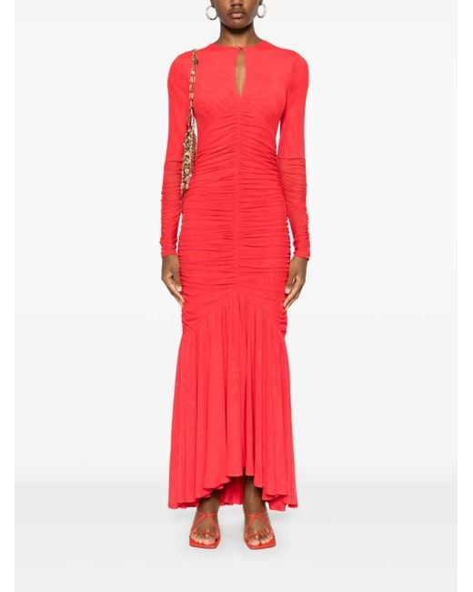 ROTATE BIRGER CHRISTENSEN Red Mesh Longsleeve Maxi Dress
