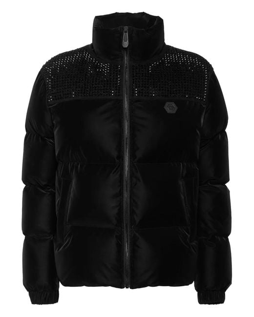 Philipp Plein Black Nylon And Suede Puffer Jacket Strass