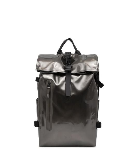 Rains Black Glossy Roll-Top Backpack