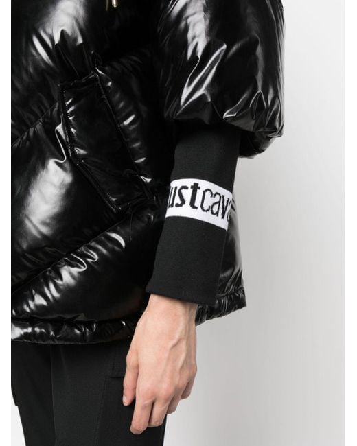Just Cavalli Black Jacquard-logo Hooded Padded Jacket