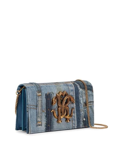 Roberto Cavalli Blue Denim Patchwork Chain Shoulder Bag