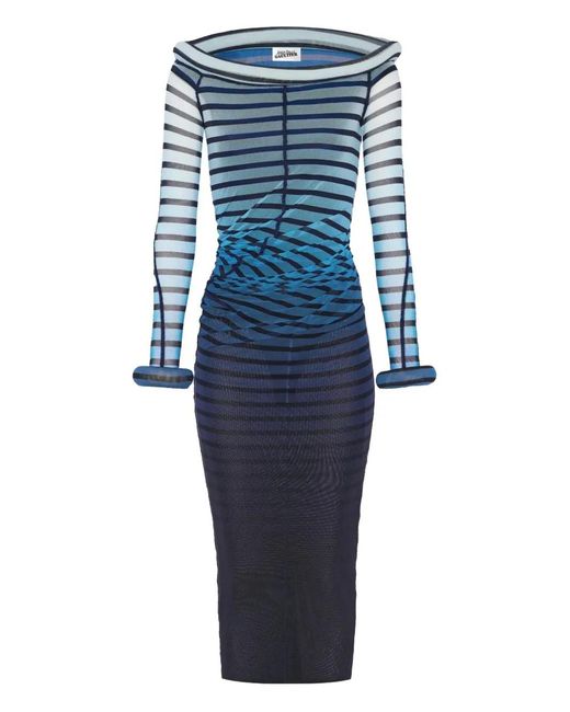 Jean Paul Gaultier Blue Elegant Mesh Boat Neck Long Dress With 3D Collar And Cuff