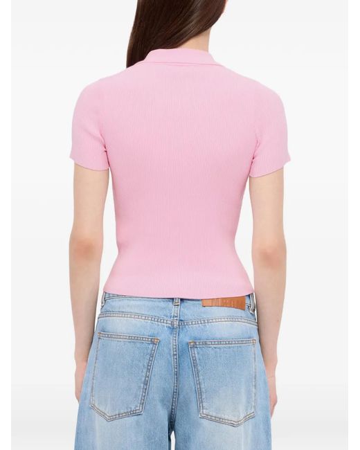 MSGM Pink Polo En Maille À Design Côtelé