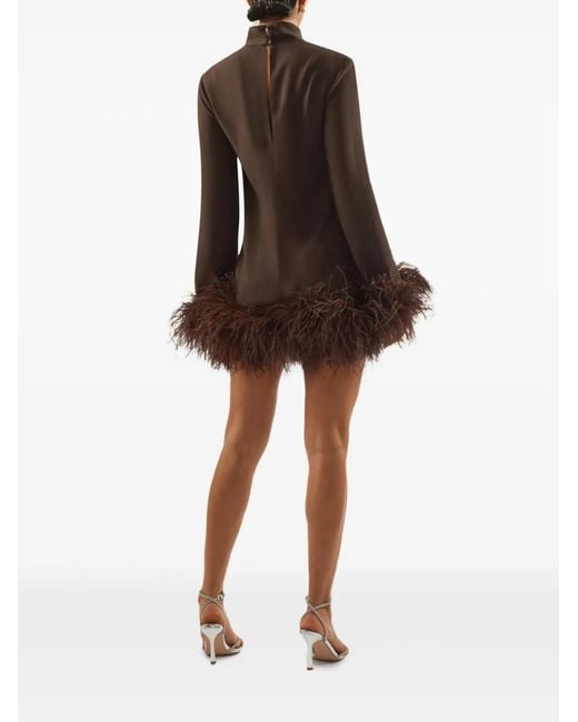 brown dress with feather trim Kaftan Dress - Wedding Guest & Party - Feather Trim Batwing Sleeves - Glossy Satin - US 10