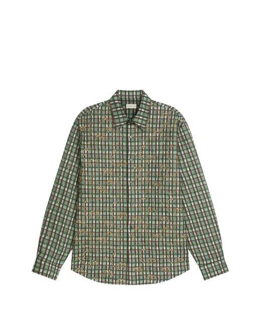 Dries Van Noten Green Check-Pattern Embroidered Overshirt for men