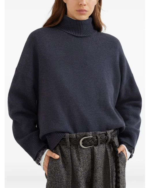 Brunello Cucinelli Blue Sequin-Embellished Turtleneck Sweater