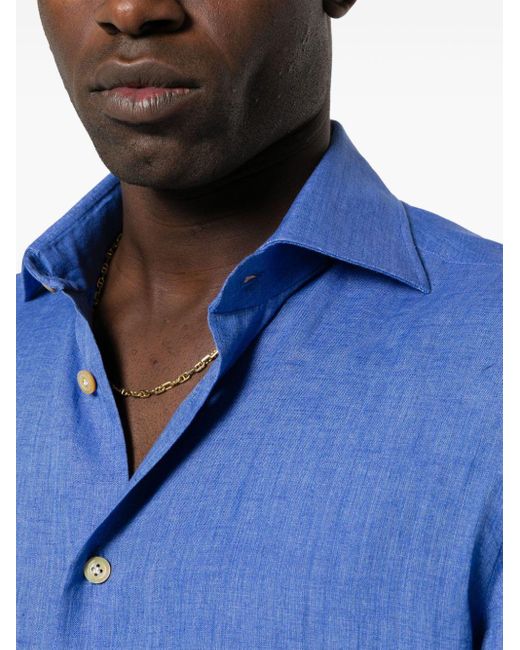 Kiton Blue Chambray Linen Shirt for men