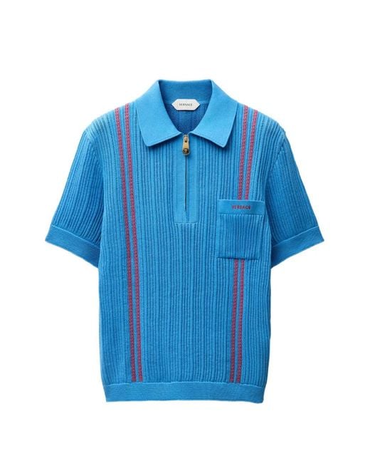 Versace Blue Embroidered-Logo Cotton Knit Polo Shirt for men