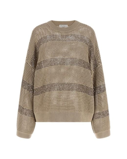 Brunello Cucinelli Natural Dazzling Stripes Sequin-Embellished Sweater