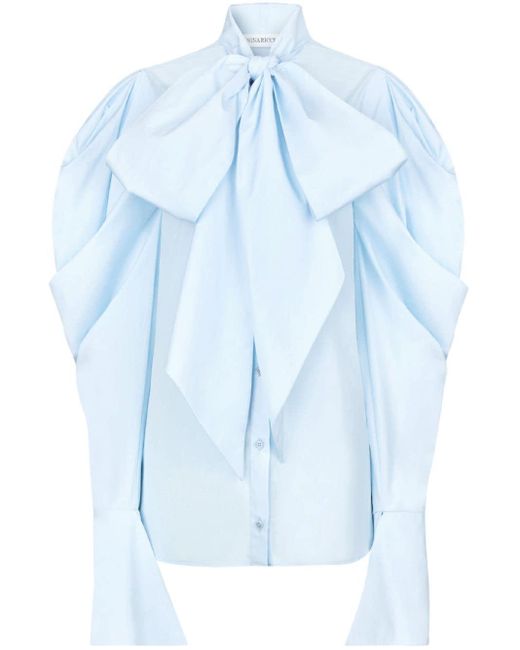 Nina Ricci Blue Pussy Bow-collar Cotton Blouse