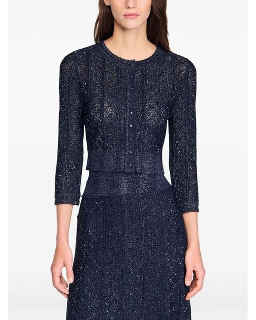 Sandro Blue Rhinestone Knit Cropped Cardigan