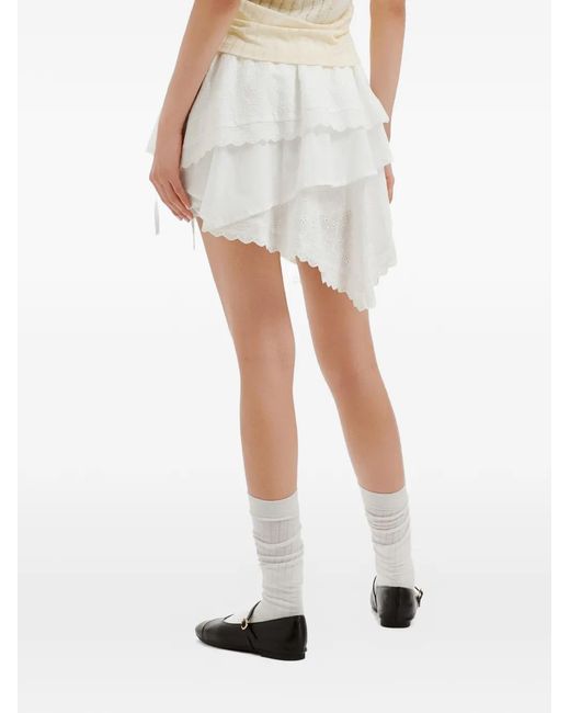 B+ AB White Minijupe En Coton À Broderie Anglaise Et Volants Superposés