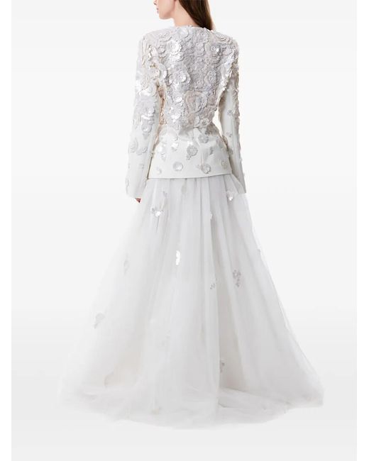 Dina Melwani White Floral Sequin-Embroidered Jacket-Silhouette Maxi Gown