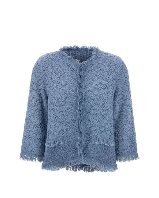 Kangra Blue Embroidered Fringe-Trim Cardigan