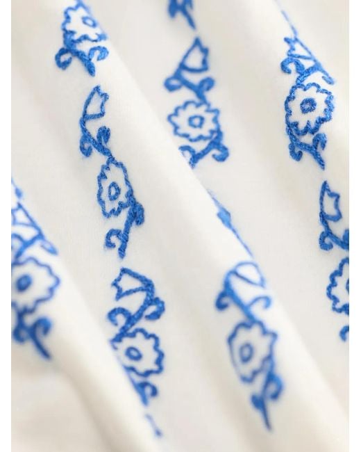 RRL Blue Floral-Embroidered Smocked Blouse