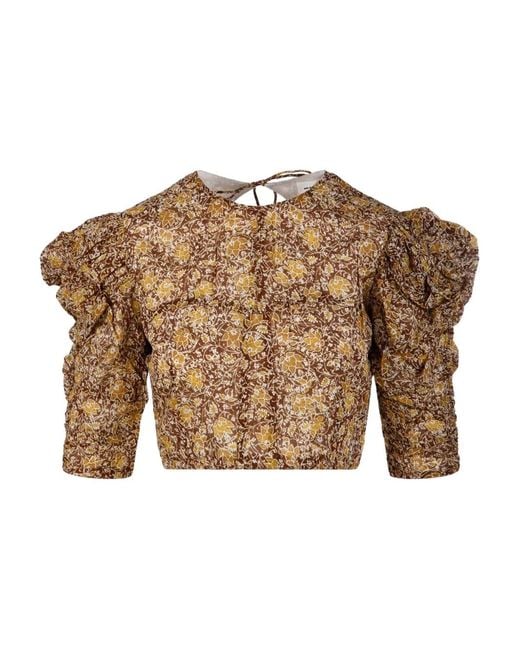 Isabel Marant Brown Gathered-Sleeve Floral-Print Blouse