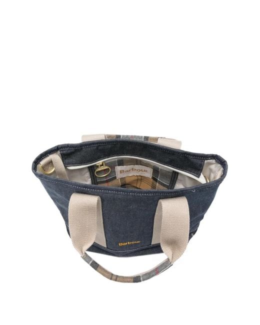 Barbour Blue Mini Mya Tartan-Detail Denim Tote Bag