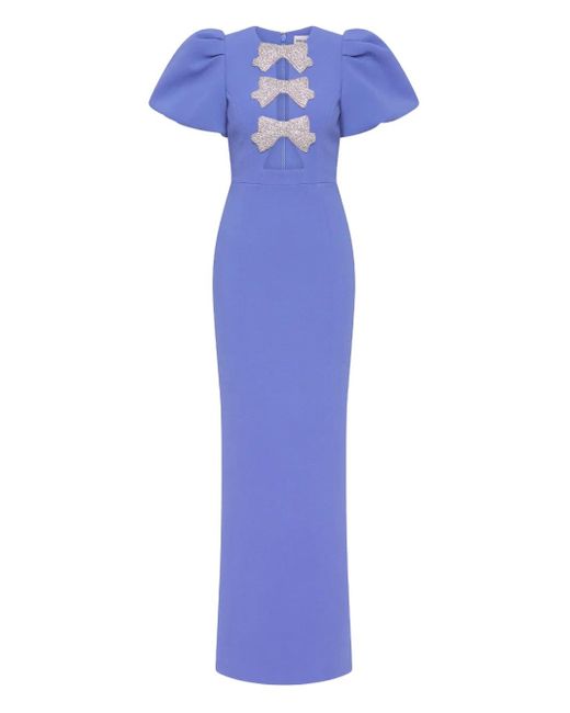 Rebecca Vallance Blue Puff-Sleeves Embellished Maxi Evening Dress