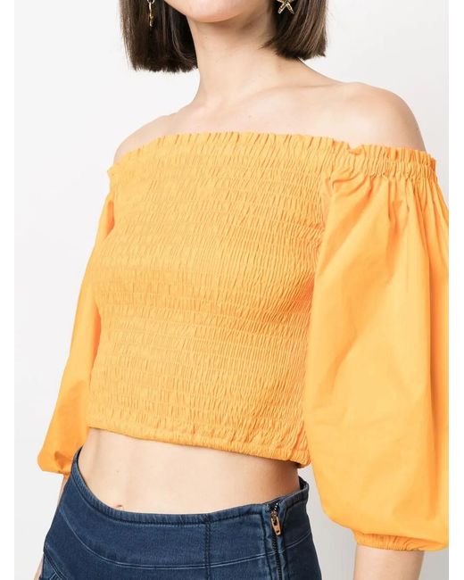 Patrizia Pepe Yellow Haut Crop Froncé À Épaules Dénudées