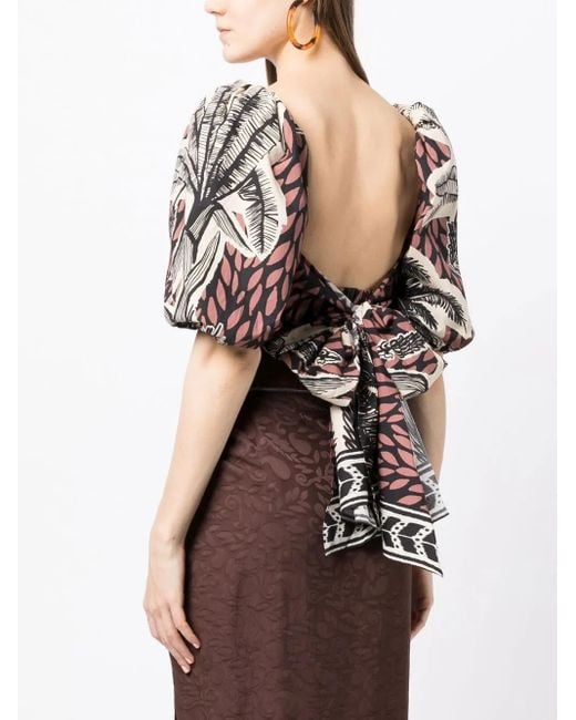 Johanna Ortiz Black Graphic-Print Puff-Sleeve Blouse
