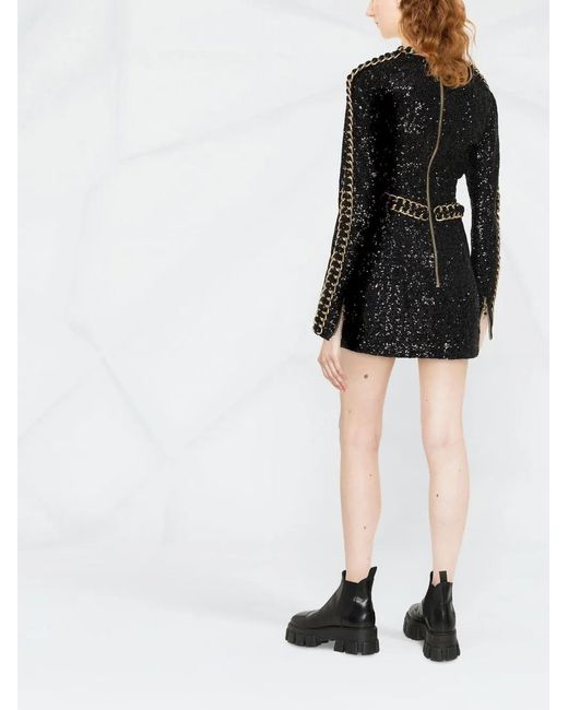 Balmain Black Chain-Trim Sequin Dress