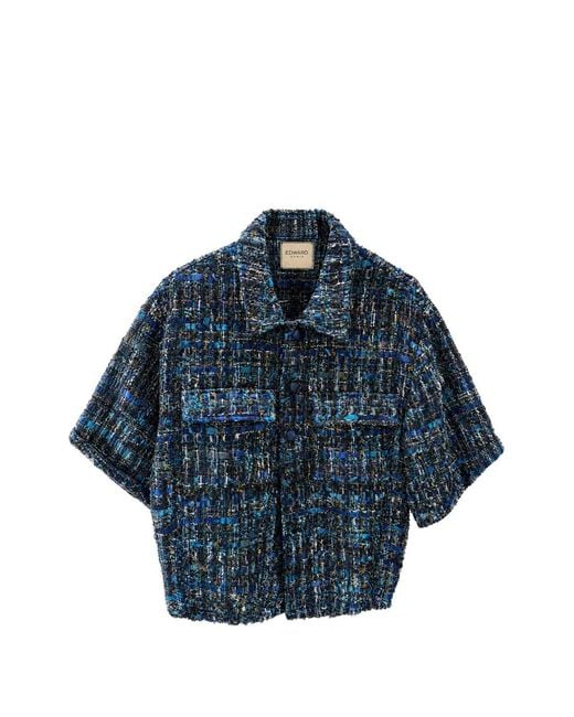 Edward Achour Paris Blue Short-Sleeve Tweed Jacket