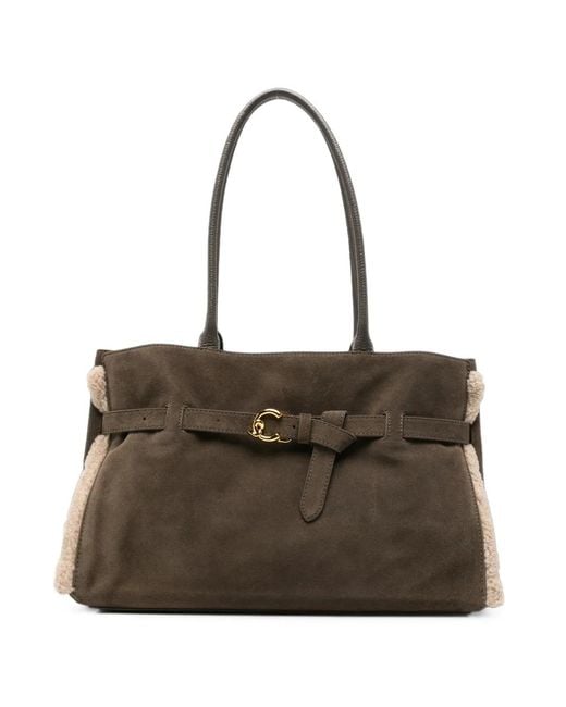Coccinelle Brown Shearling-Trim Suede Shoulder Bag