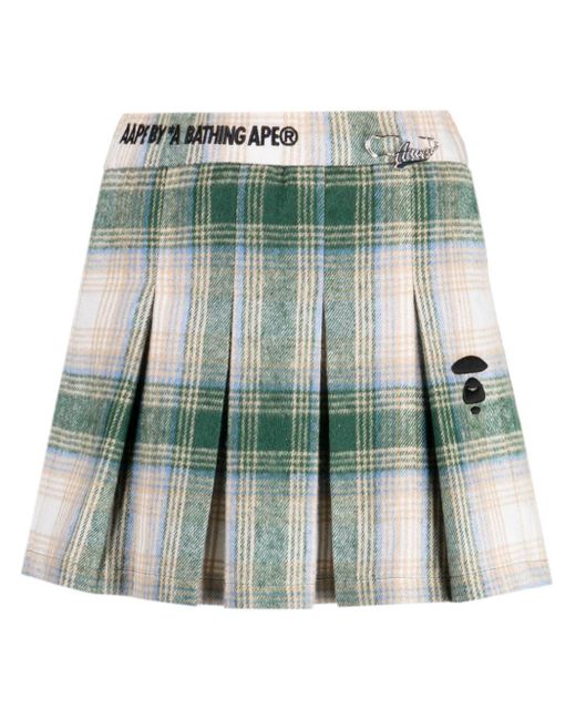 A Bathing Ape Green Logo-embroidered Checkered Pleated Skirt