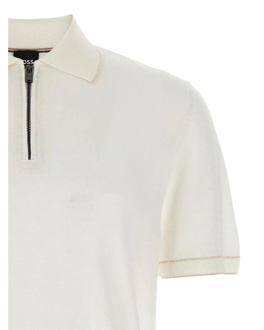 Boss White Jiovanotto Zip-Up Short-Sleeve Polo Shirt for men