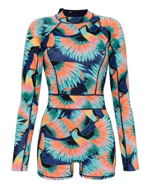 Duskii Blue Tropical-Print Long-Sleeved Paddle Suit