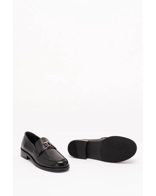 Twinset Black Leather Loafers With Logo