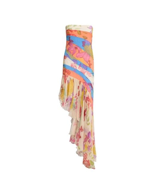 Donde Esteban White Flores Strapless Asymmetric Dress