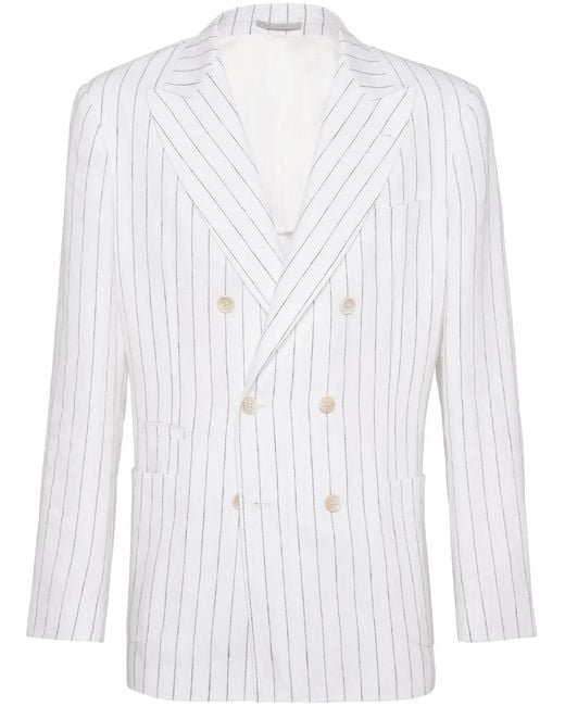 Brunello Cucinelli White Pinstripe-Print Linen Blazer for men