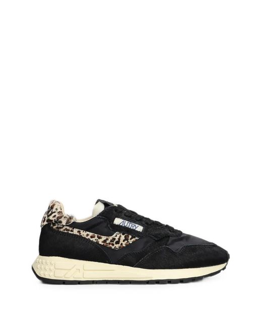 Autry Black Reelwind Low Leopard-Print Panelled Sneakers
