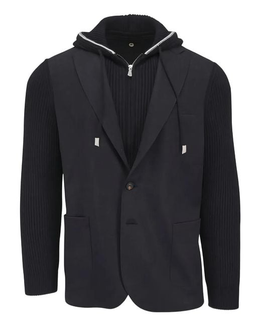 Eleventy Black Hooded Knit-Sleeve Jacket for men